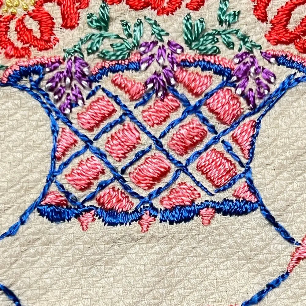 Vintage 30s Embroidered Tablecloth Baskets of Flowers Multicolor 32 inch Square